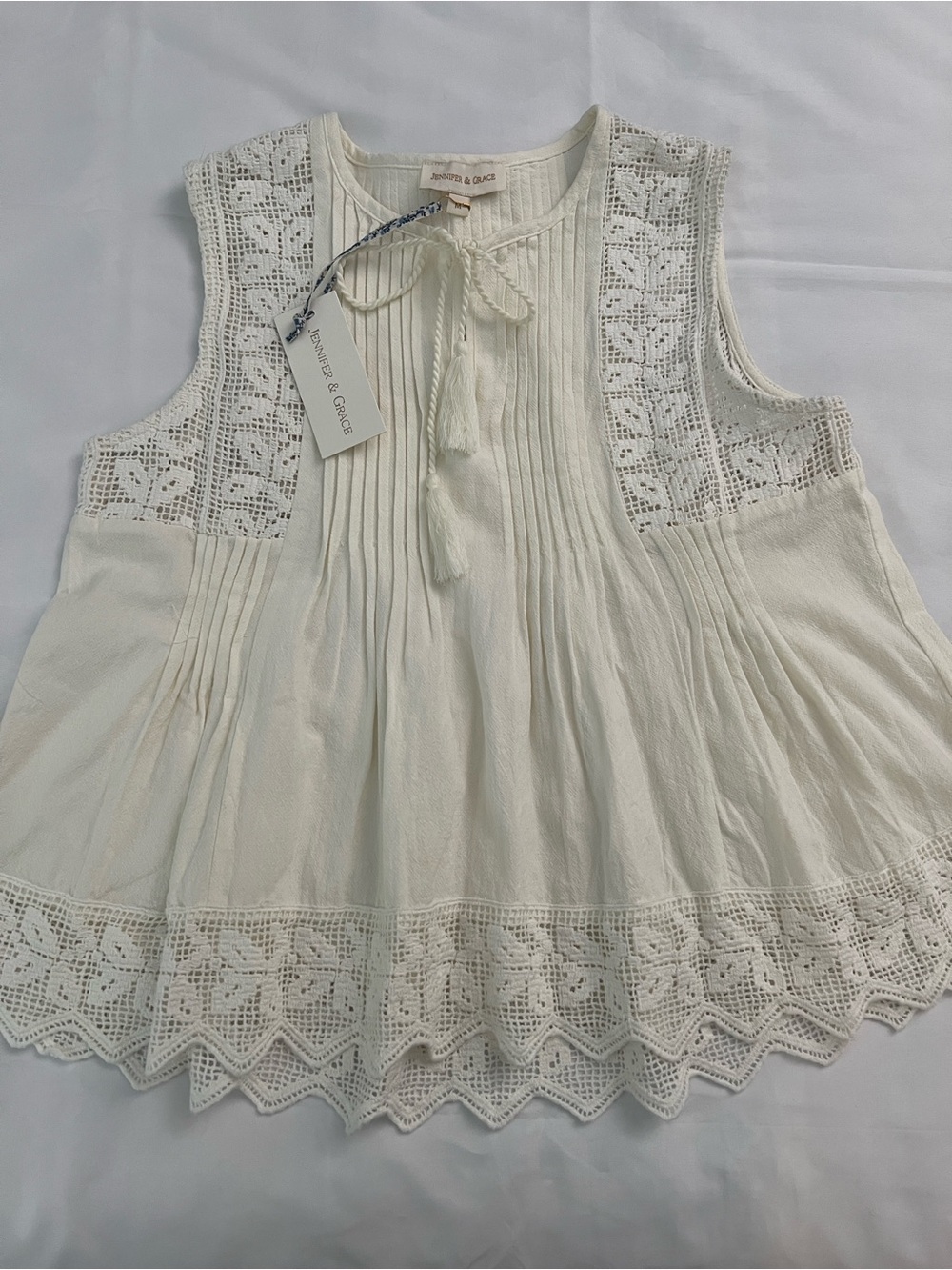 Jennifer & Grace Ecru Eyelet Lace Blouse M Cotton Tassel Boho